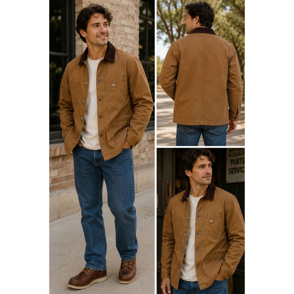 Dickies Duck Canvas Chore Coat Jacket Brown Corduroy Collar Men's Large Workwear
